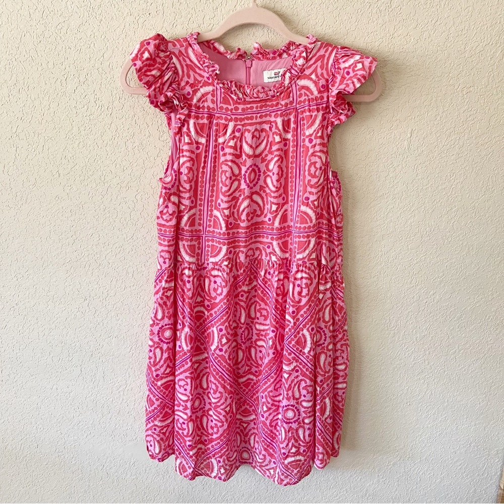 Vineyard Vines Island Scarf Print Ruffle Dress Printed Formosa Pink